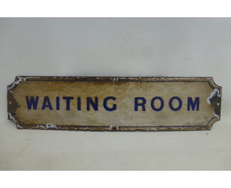 An early Waiting Room blue and white enamel sign, 24 x 6".