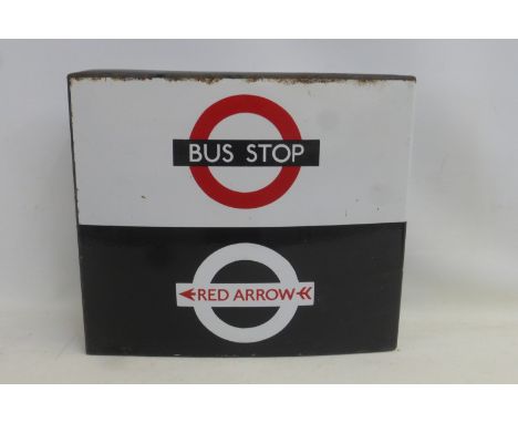 A Bus Stop/Red Arrow double sided shaped enamel sign, 18 x 15 1/2 x 2 3/4".