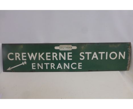 A Southern Region rectangular Crewkerne Station Entrance rectangular enamel sign, with arrow pointing to bottom left, 52 3/4 
