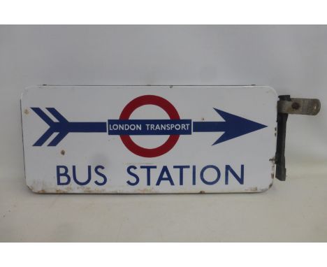 A London Transport Bus Station pair of enamel signs back to back, with original bracket, 24 1/2 x 10 1/2".