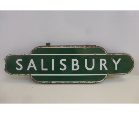 A Southern Region enamel station totem for Salisbury, fully flanged, 35 1/2 x 10 1/2".
