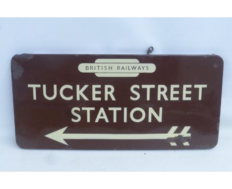 A British Railways chocolate and cream Western Region directional enamel sign for Tucker Street Station, 28 x 13".