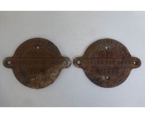 Two cast iron wagon plaques, the first marked Standard 20 tonnes Great Western Railway, the second L.N. & S.R.-E.