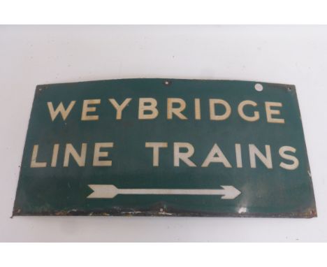 A Southern Region directional enamel sign - Weybridge Line Trains, 24 x 12".