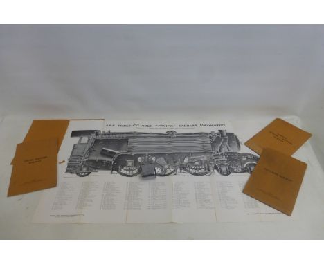 Four fold-out pamphlets printed by Virtue & Company Limited, each depicting a scale drawing of a differrent locomotive for ea