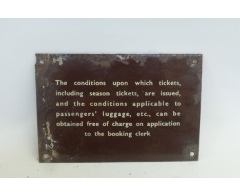 A small enamel plaque - conditions regarding tickets, 6 x 4".