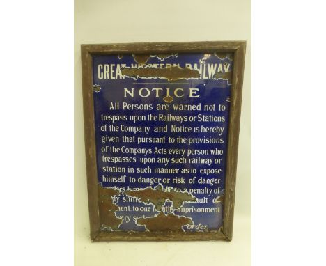An early Great Western Railway enamel notice sign in wooden frame, 24 1/4 x 3 1/2".