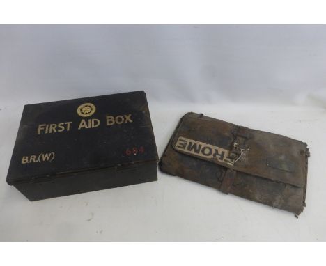 A British Rail Western Region first aid box and a British Railways leather satchel with label for Frome Booking Office. 