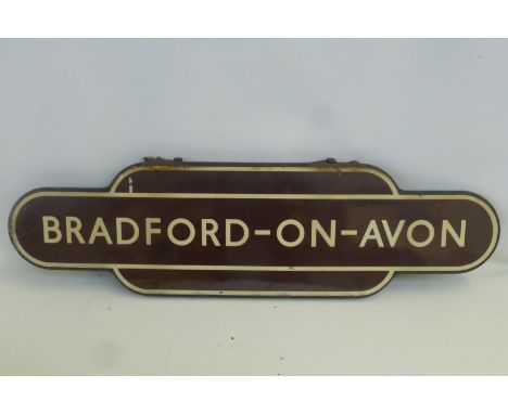 A Western Region chocolate and cream enamel station totem for Bradford on Avon, fully flanged, 36 1/2 x 10".