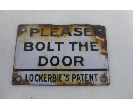 A small enamel plaque - Please Bolt the Door, Lockerbie's Patent, 3 x 2".