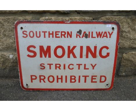 A Southern Railways Smoking Strictly Prohibited rectangular enamel sign, 16 1/2 x 12". 