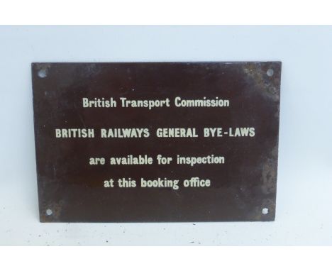 A British Transport Commission Bylaws rectangular plaque, 6 x 4".
