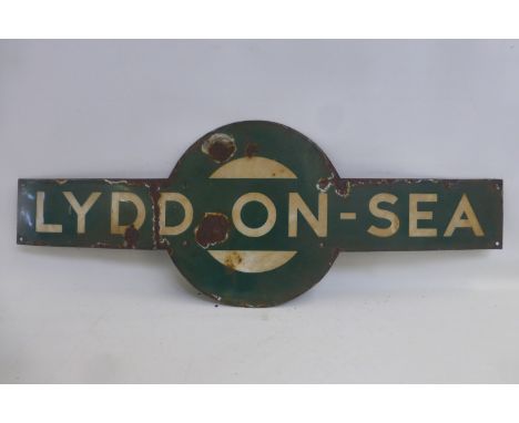 A Southern Region enamel station target for Lydd-on-Sea, 36 x 18".