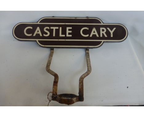 A Western Region enamel station totem for Castle Cary, fully flanged with bracketry, 36 1/2 x 10 1/4".