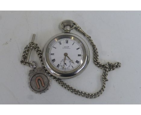A steam locomotive driver's pocket watch and chain marked BR (E), stamped no. 9910.