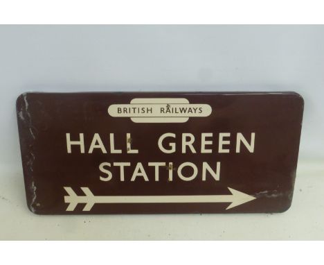 A British Railways directional enamel sign for Hall Green Station, 28 x 13".