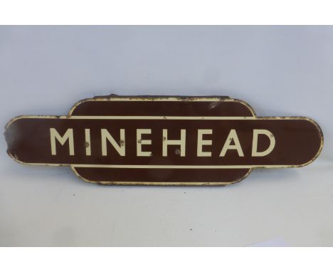 A Western Region enamel station totem for Minehead, half flanged, 35 1/2 x 10".