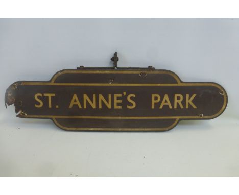 A Western Region enamel station totem for St. Anne's Park (Bristol), fully flanged with partial bracket, 36 1/2 x 13".