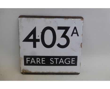 A black and white enamel bus destination plaque - 403A Fare Stage, 5 x 5".
