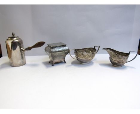 A 19th Century silver plate chocolate pot, decorative tea caddy and milk and sugar bowl (4)