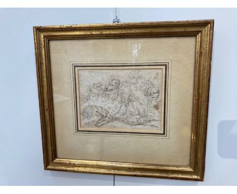 GIUSEPPE BERNARDINO BISON (1762-1844): A framed and glazed pen and ink drawing of dogs.  Signed bottom right.  Description ve