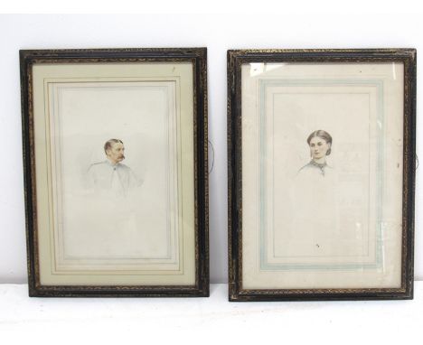 Two Edwardian Portrait Artist Studies male and female in ebonised and gilt frames, 37cm x 26cm