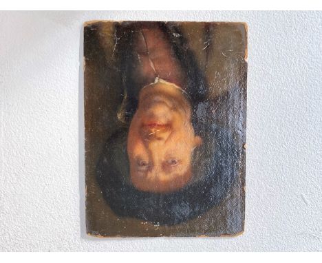 After Rembrandt : A 19th Centuru oil on card portrait of Rembrandt wearing a fur hat and fur edged jacket. Unframed and unsig