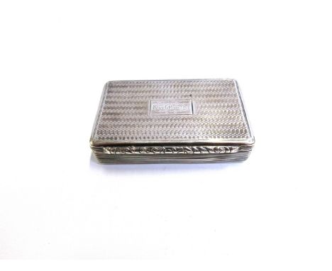 A Georgian silver snuff box with gilt interior, reeded edge, inscribed R. Wilkinson, 1.5cm x 7.5cm x 5cm, (dent to corner) 83