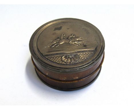 A Victorian style Grand National Emblem 1863 horn and metal snuff box inscribed Emblem 1st Mare to win the Grand National Ste
