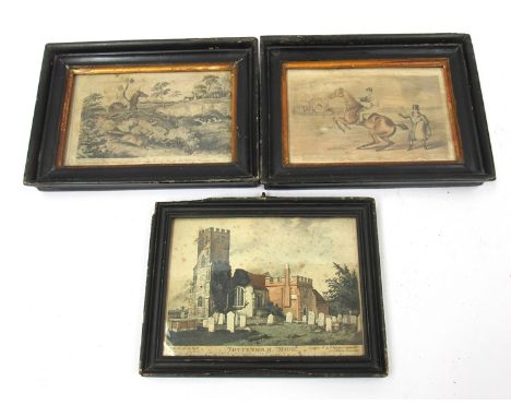 Three engravings including S. Alkein "Race Horses" engraved by Sutherland Berkeley Hunts &amp; Tottenham Midd Church (3)