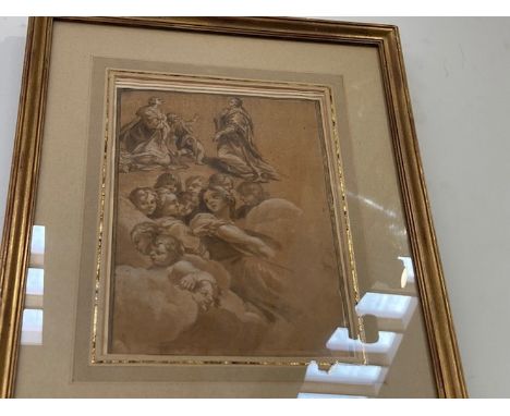 JACOPO GUARANA (1720-1808): A framed and glazed wash and brown ink with white drawing, study of Angels in clouds and of three