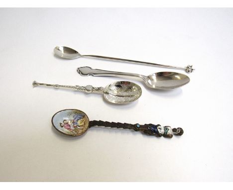 Three silver spoons including cocktail/sundae spoon, Celtic commemorative spoon and enamel spoon (5)