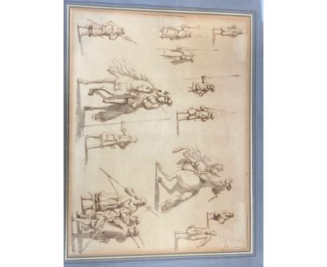 A framed and glazed 18th Century Old Master watercolour studies of Cavaliers and guards.  Unsigned.  Label verso for Sotheby'