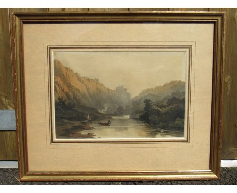 A framed and glazed early 18th Century Old Master pen and wash study of a castle with figures in the foreground.  Indistinct 