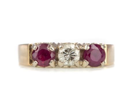 RUBY AND DIAMOND THREE STONE RING, the round brilliant cut diamond of approximately 0.25 carats flanked by round rubies, mark