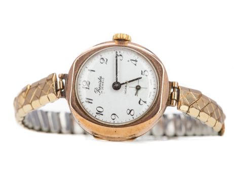 LADY'S PRECISTA NINE CARAT GOLD MANUAL WIND WRIST WATCH, the round white dial with Arabic hour markers, outer seconds track i