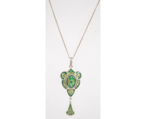 A 925 silver and enamel pendant necklace in the Art Nouveau style. Pendant being marked Sterling and the chain marked 925 Ita