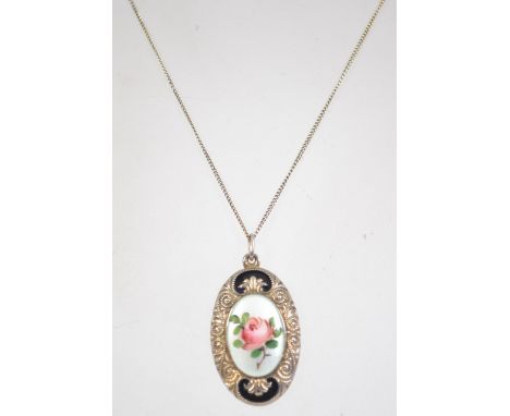 A gold washed silver Norwegian enamel pendant on original chain by Elvica and Co of Oslo. Pendant marked 925S chain 835. Chai