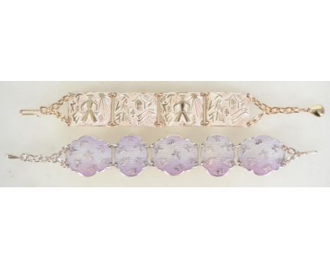 Two 1960s panel bracelets. One of butterflies with pink cold painted enamel the other with chinoserie with white enamel. Both