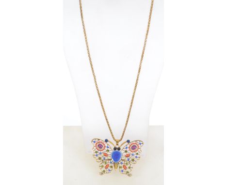 A large enamel and rhinestone set butterfly pendant necklace  strung on yellow metal chain. pendant measures 9cms, chain 26 i