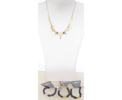 A selection of Danish Pilgrim jewellery to include two bracelets and an enamel and rhinestone necklace with tags