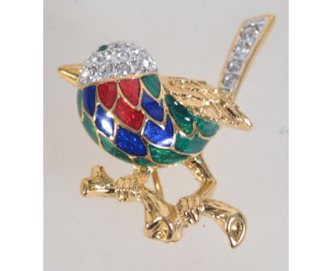A 1970s Attwood and Sawyer enamel and Swarovski crystal brooch with roller clip clasp in original box. Signed A&S verso. Meas