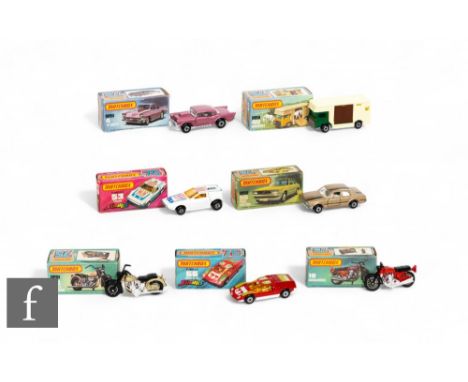 A group of Matchbox 75 Series diecasts including 4 '57 Chevy, 18 Hondarora, 40 Horsebox, 50 Harley Davidson, 53 Tanzara, 55 F
