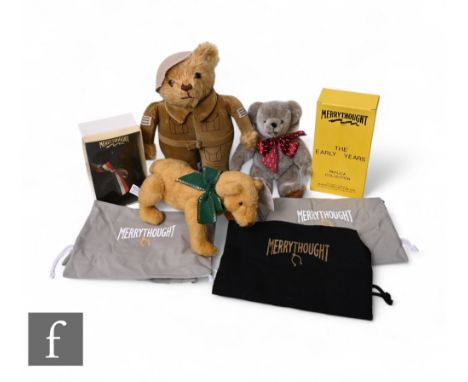Five Merrythought soft toys including limited edition Homeguard bear, mohair dog and a grey body bear, with bags, together wi