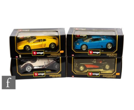 Four Burago 1/18 scale cars, Bugatti EB110, Chevrolet Corvette, Mercedes Benz SSK and Ferrari Testa Rossa, boxed. (4)