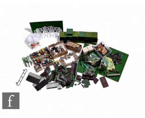 A collection of Britains 'Garden Series' and similar metal items including flower beds, animals, walls and decorations, garde