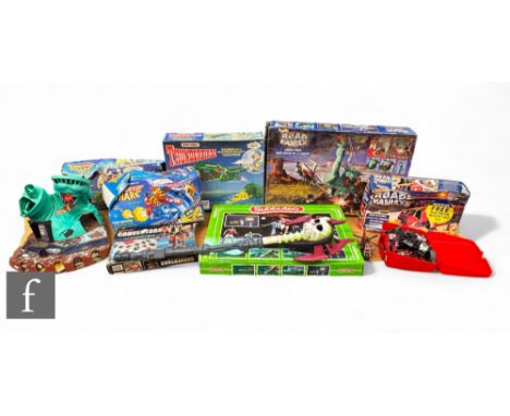 A collection of assorted toys and games including Hot Wheels Road Maniax Liberty Base and Battle'copter with accessories, Mat