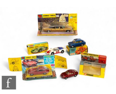 A group of five Corgi diecasts to include 335 4.2 litre Jaguar E Type 2+2 in red, 262 Lincoln Continental Executive Limousine