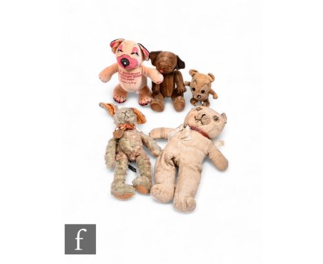 A Chad Valley Bonzo dog soft toy, Merrythought 10th Anniversary Bonzo 1994-2004 and two other Bonzo soft toys, and a Buttersc