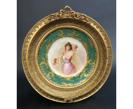 19th C. Portrait Hand painted Austrian Royal Vienna Framed Porcelain Plate. Diameter: 14"